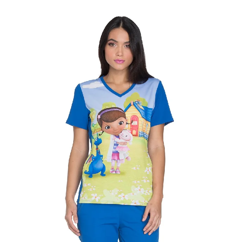 Trends Cherokee Tooniforms Women's V-Neck Knit Panel Doc Mcstuffins Print Scrub Top X-Small Print