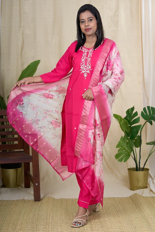 Simple Style Designer Zardari and Pearl Embroidered Salwar Suit with Floral Dupatta Simple Style Designer Zardari and Pearl Embroidered Salwar Suit with Floral Dupatta