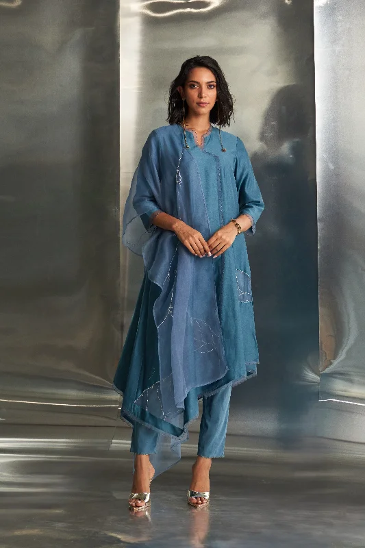 Fashion Style Steel Blue Chanderi Asymmetrical Kurta Set