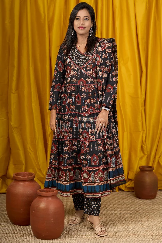 French Style Black Temple Motif Cotton Women's Flared Suit Set with Dupatta