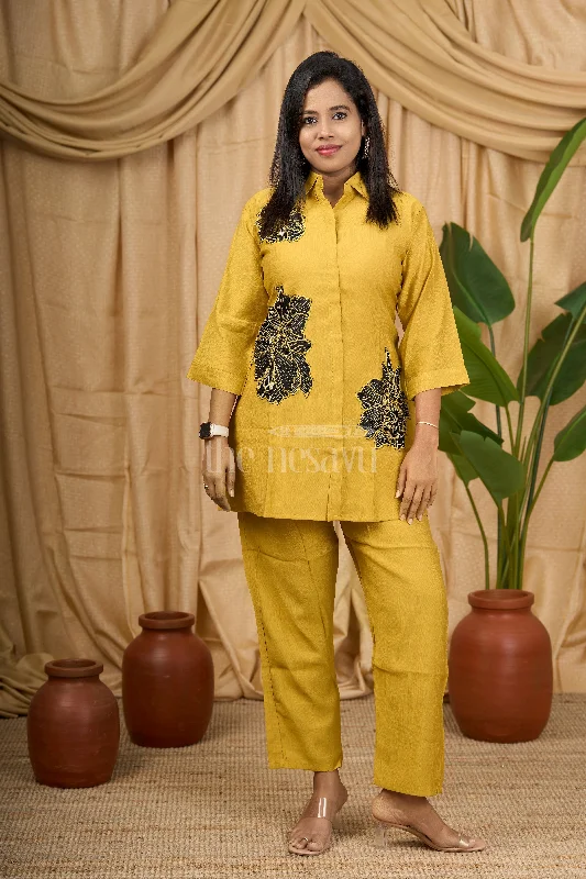 Effortless Dressing Mustard Viscose Blend Co-ord Set with Bold Black Floral Embroidery and Shirt Collar for Women Effortless Dressing Mustard Viscose Blend Co-ord Set with Bold Black Floral Embroidery and Shirt Collar for Women