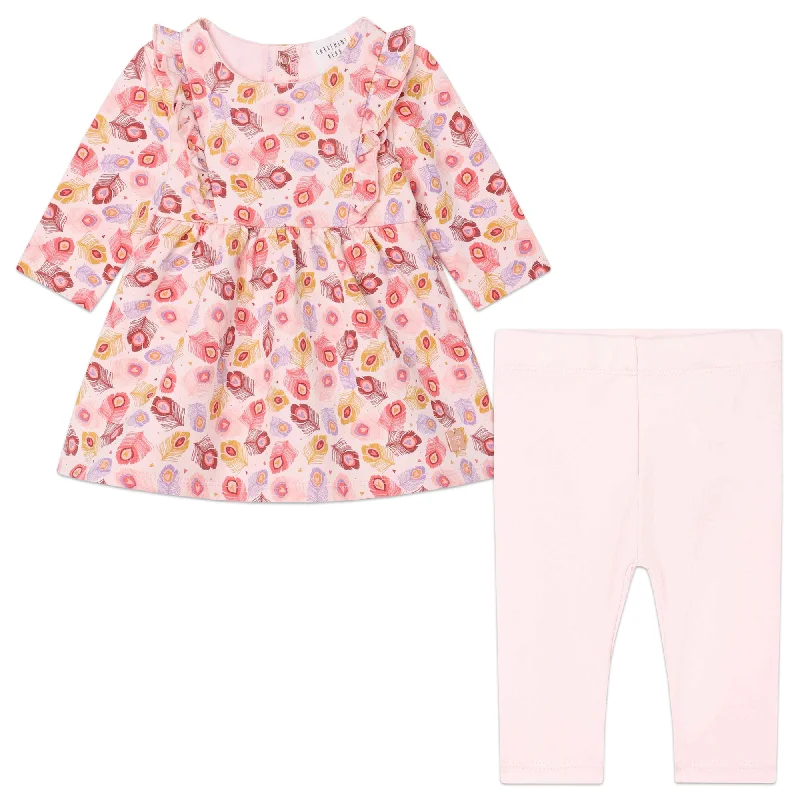 Soft Style Pink Leaf Print Dress & Leggings