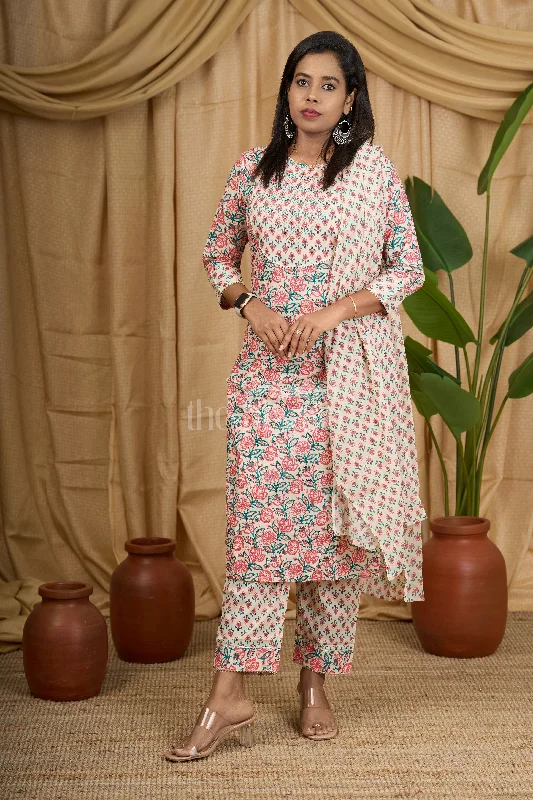Sporty Wear Beige Floral Print Cotton Kurta Set with Palazzo and Dupatta