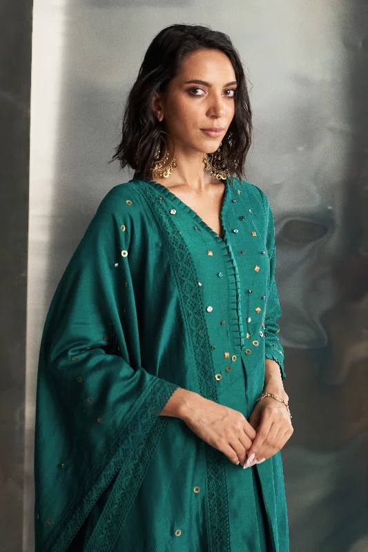 Casual Style Emerald Green Chanderi Pleated Neck Kurta