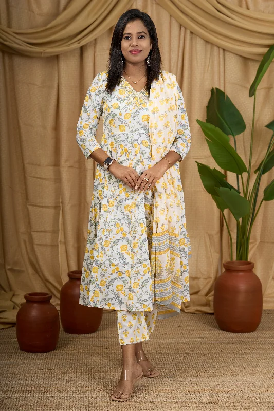 Low-key Luxury Yellow Anarkali Set with Floral Print and Embroidered Dupatta