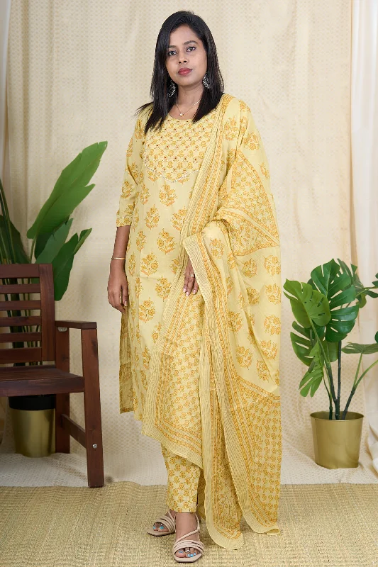 Fashion Wear Yellow Hand Block Printed Cotton Kurta Set with Mul Cotton Dupatta