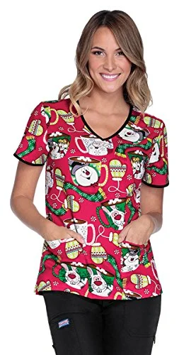 Embroidery Design Cherokee Tooniforms Women's V-Neck Grinch Who Stole Christmas Print Scrub Top