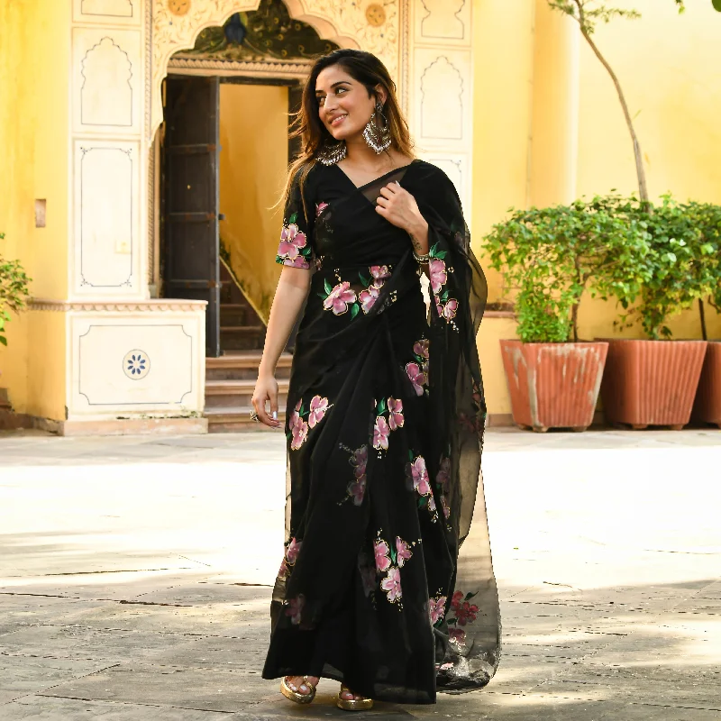 Comfortable Sweaters Bunaai Black Organza Handpainted Saree