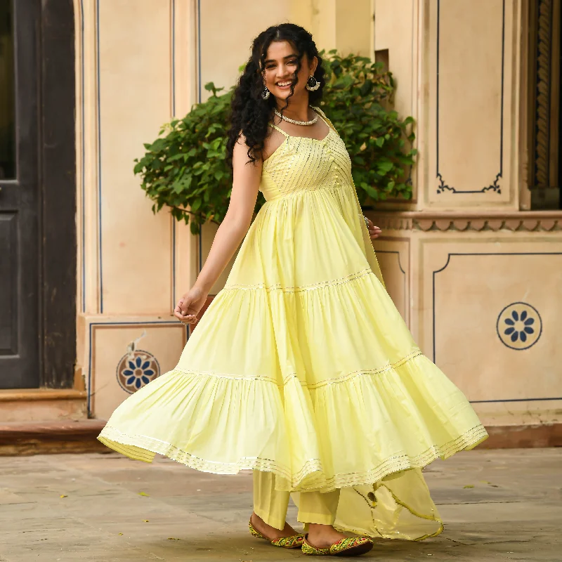 High-quality Fabrics Bunaai Light Yellow Anarkali Kurta with Pant & Dupatta