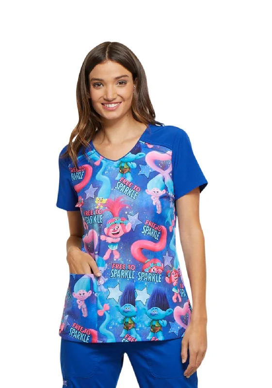 Soft Feel Cherokee Tooniforms Women's V-Neck Trolls Print Scrub Top Large Print