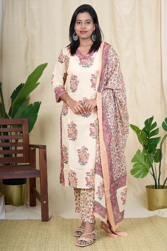 Goddess Outfit Hand Block Printed Cotton Salwar Suit Set with French Knot Embroidery