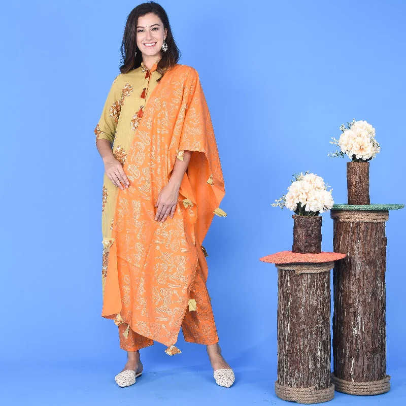 Soft Casuals Bunaai Vivid Orange Kurta Set (set of 3)