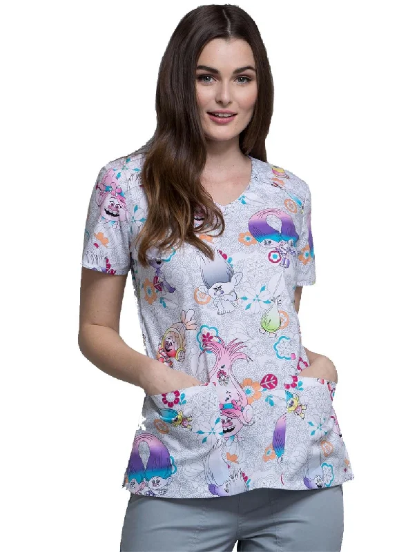 Simple Style Cherokee Tooniforms Women's V-Neck Trolls Print Scrub Top Medium Print