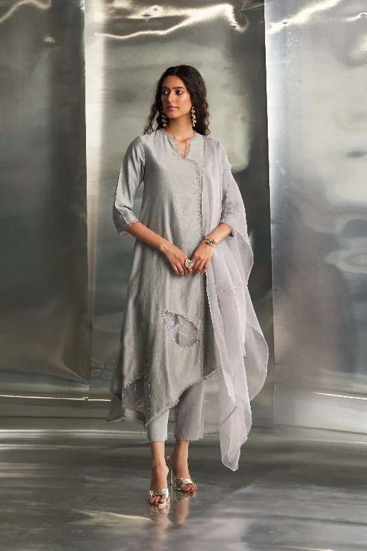 Elegant Design Steel Grey Chanderi Asymmetrical Kurta Set