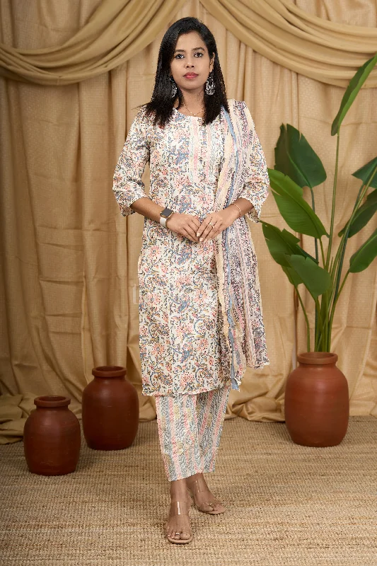 Sporty Elegance Cream Floral Cotton Women's Straight Kurta Set with Striped Pants and Dupatta Sporty Elegance Cream Floral Cotton Women's Straight Kurta Set with Striped Pants and Dupatta