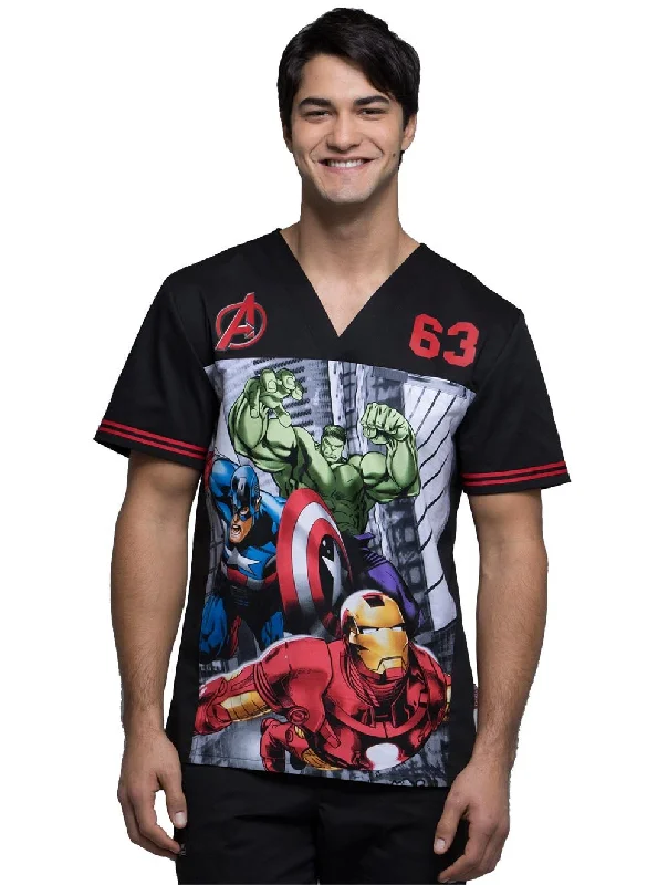 Personalized Wear Cherokee Tooniforms Men's V-Neck Avengers Print Scrub Top X-Small Print