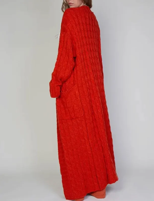 Elegant Style “Radiant Rouge” Chunky Cable Knit Maxi Cardigan