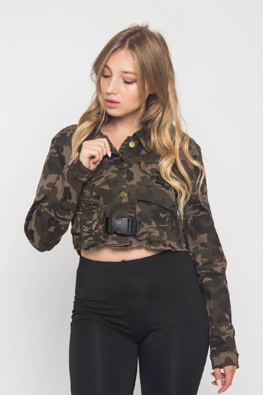 Cozy Fashion Cropped Military Style Pocket Shirt Jacket