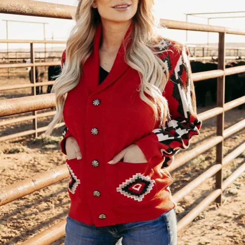 French Style Women's Red/Black and White Aztec Button Sweater