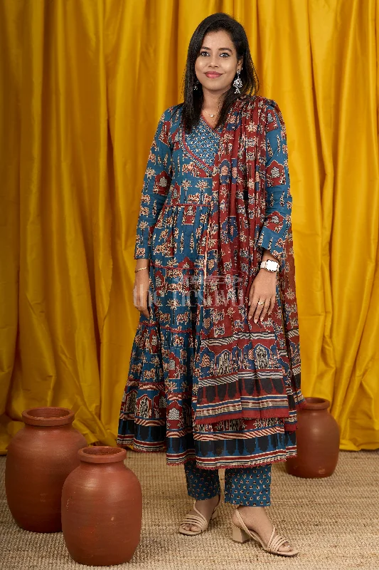 Slightly Flared Design Blue Cotton Anarkali Dress with Temple Motifs and Embroidered Dupatta Slightly Flared Design Blue Cotton Anarkali Dress with Temple Motifs and Embroidered Dupatta