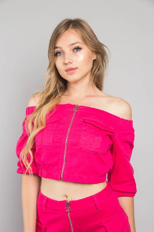 Relaxed Wear Neon Off the Shoulder Cropped Jacket