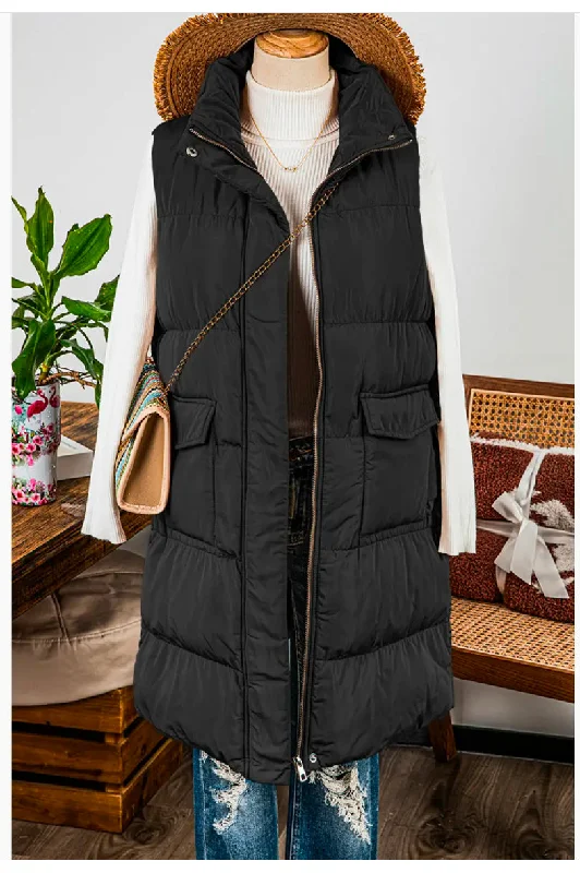 Double-sided Wear Windproof Longline Full Zipper Puffer Vest with Pockets