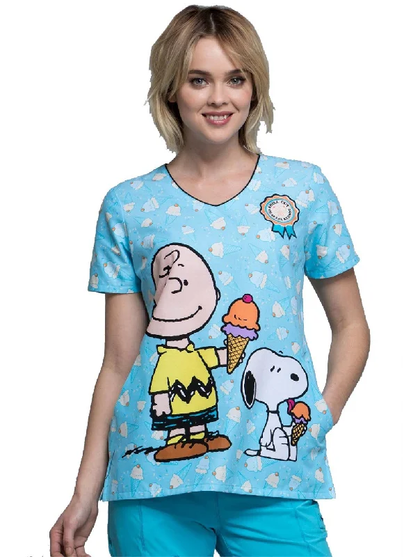 Classic Style Cherokee Tooniforms Women's V-Neck Charlie Brown Print Scrub Top Large Print