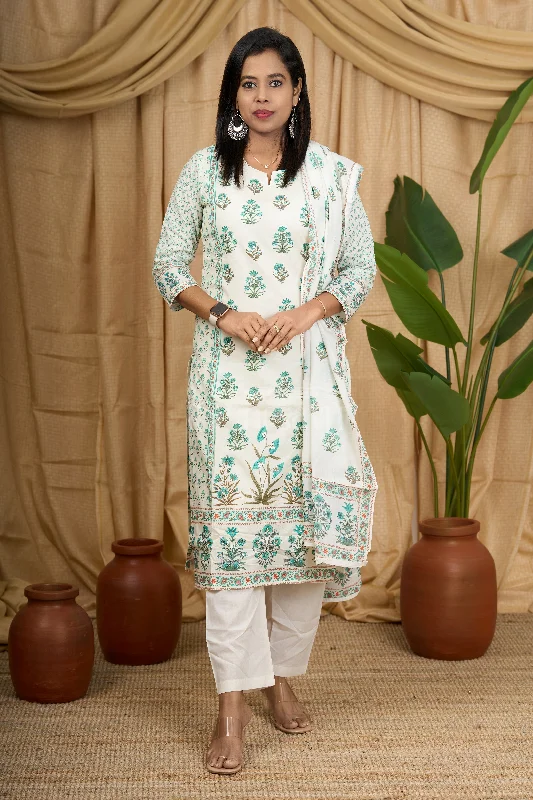 Versatile Items Green Mul Cotton Women's Kurta Set with Floral Palazzo and Dupatta
