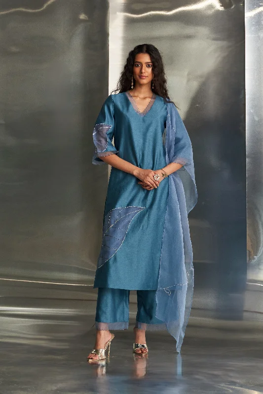 Lounge Wear Steel Blue Chanderi Straight Kurta Set