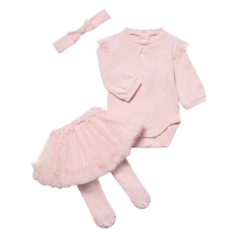 Fashionable Ease Pink Ruffle Bodysuit Skirt Set