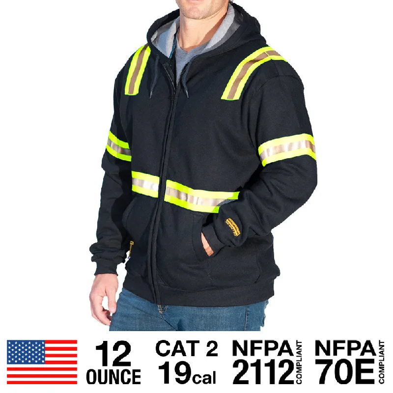 Minimalism Black FR Zip Up Hoodie With HiVis Striping