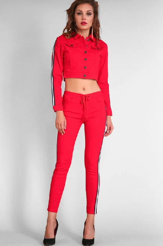 Bright Colors Women's Destroyed Side Striped Band Jacket and Jogger Set