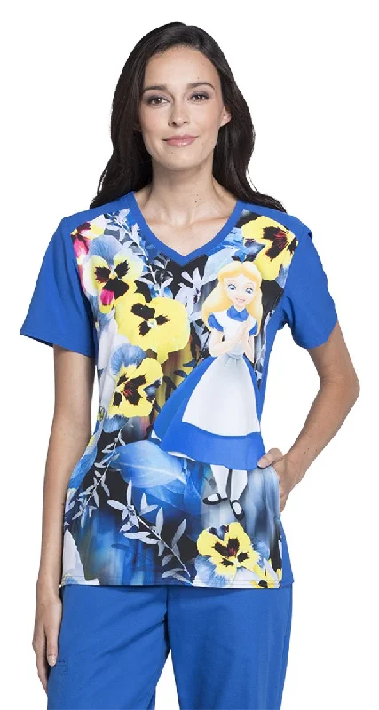 Soft Comfort Tooniforms V-Neck Scrub Top, XS, Alice's Garden Party