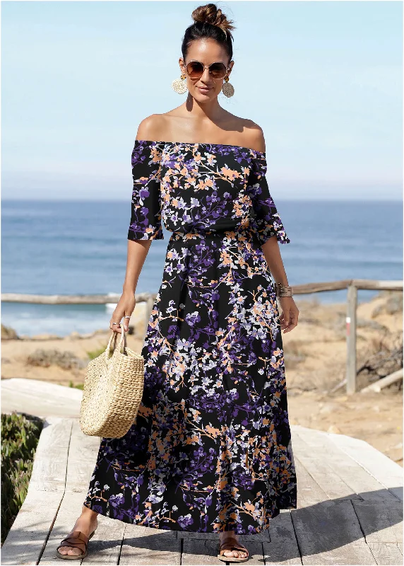 Classic Design Off-The-Shoulder Maxi Dress - Purple Multi