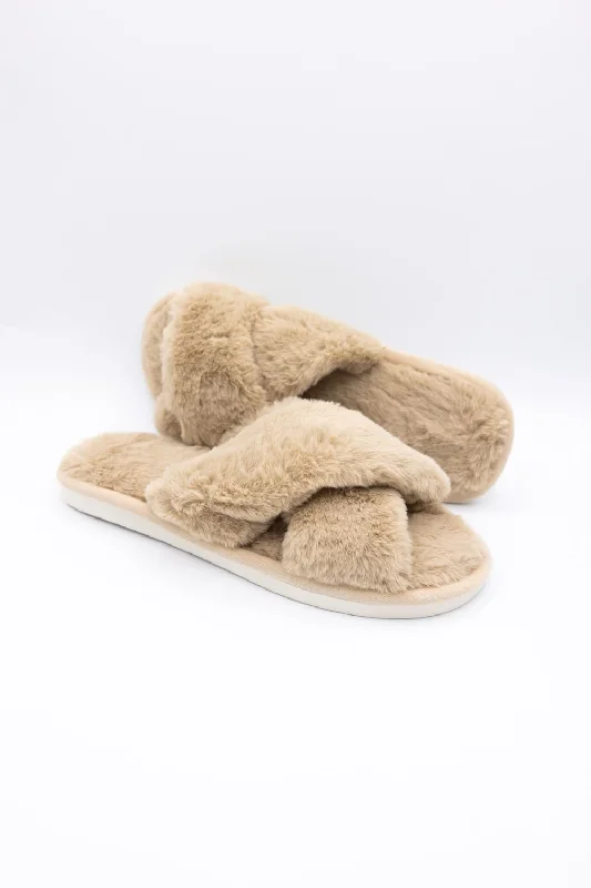Embroidered Letters Cross Slippers for Women in Camel | WSL220156CAM
