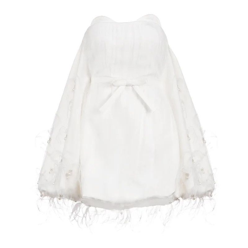 Comfy Chic Cloud Dress in Ivory Satin with Feather Embellishment