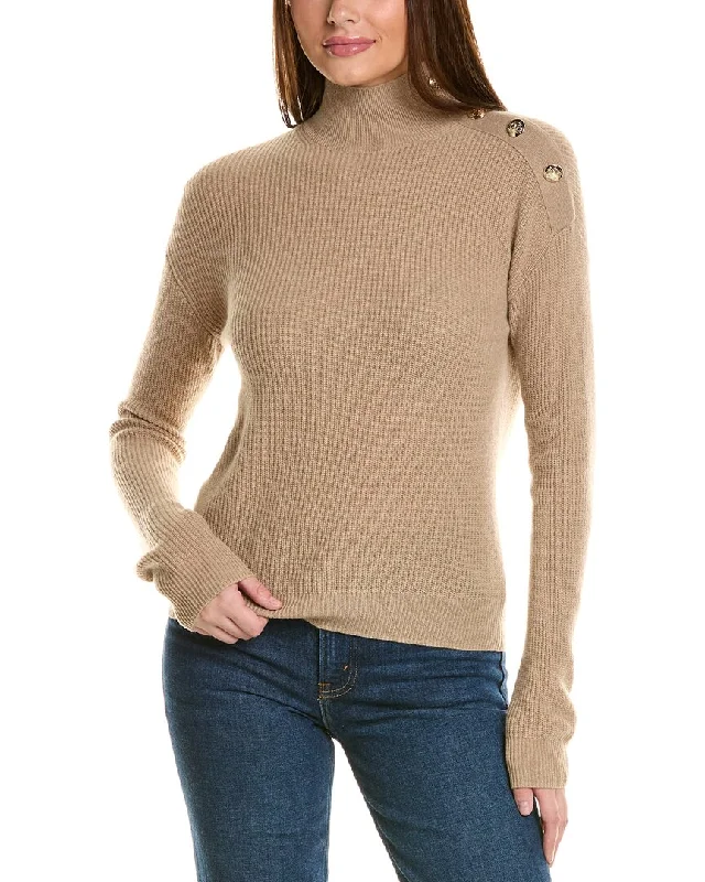 Thin Design Bruno Magli Rib Button Shoulder Mock Nek Cashmere Sweater