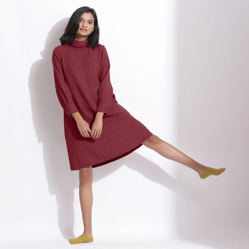 Street Cool Barn Red Warm Cotton Waffle Knee Length Shift Dress