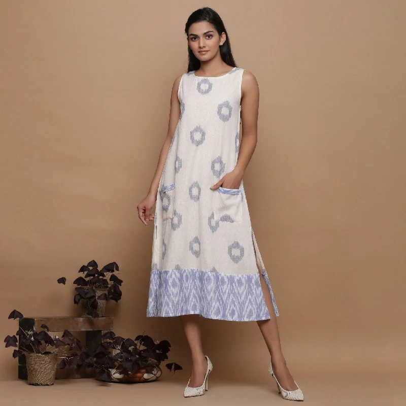 French Style Handwoven Cotton Ikat Off-White Scoop Neck Shift Dress