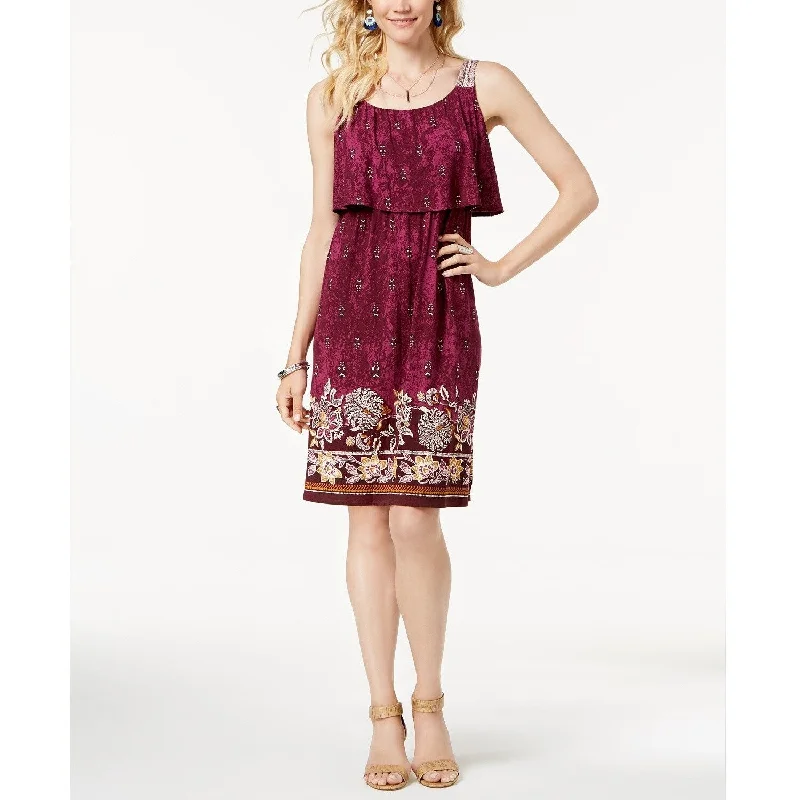 Comfortable Design Style & Co Women's Border Print Flutter Overlay Dress Forbidden Embra Size Small - Red