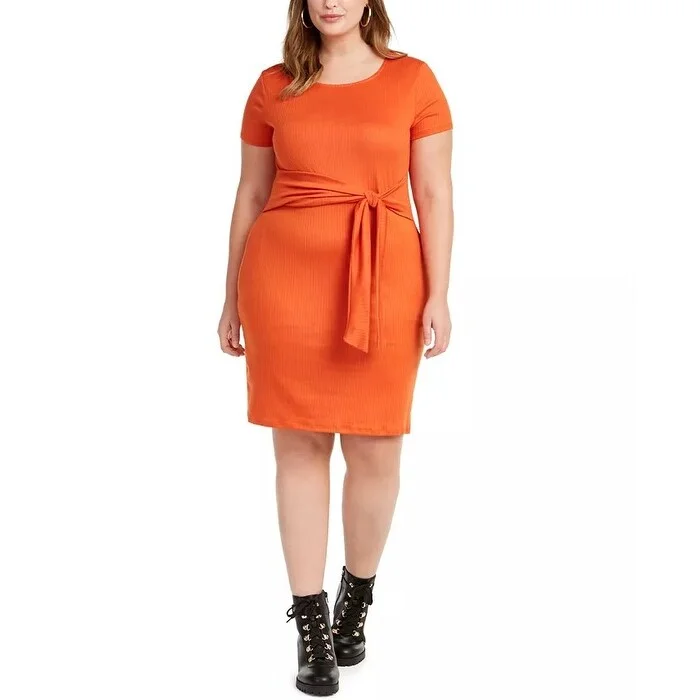 Casual Street Planet Gold Junior's Trendy Plus Tie Waist Dress Orange Size 1X