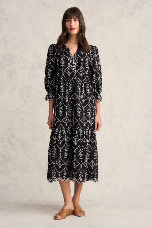 Double-sided Wear Cotton Broderie Dress - Black & Ecru Broderie