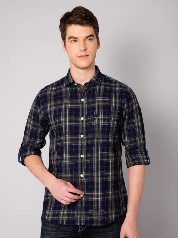 Breezy Outfits Men's Indigo Blue Casual Big Checks Full Sleeve Shirt