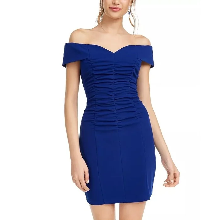 French Style Emerald Sundae Junior's Ruched Off The Shoulder Dress Blue Size L - Large French Style Emerald Sundae Junior's Ruched Off The Shoulder Dress Blue Size L - Large