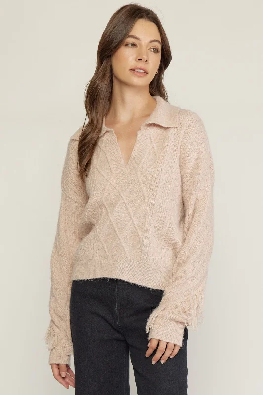 Knitted Design Cable knit collared long sleeve top with fringe