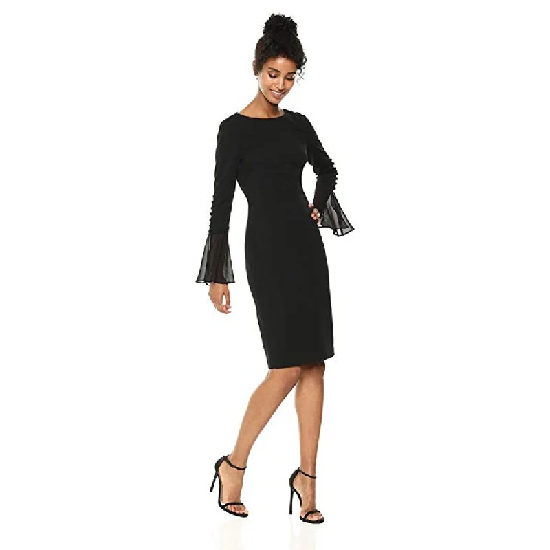 Single-shoulder Neck Design Calvin Klein Women's Chiffon-Bell-Sleeve Sheath Dress Petite & Regular Black Size 4 P - 0.666666666666667 Single-shoulder Neck Design Calvin Klein Women's Chiffon-Bell-Sleeve Sheath Dress Petite & Regular Black Size 4 P - 0.666666666666667