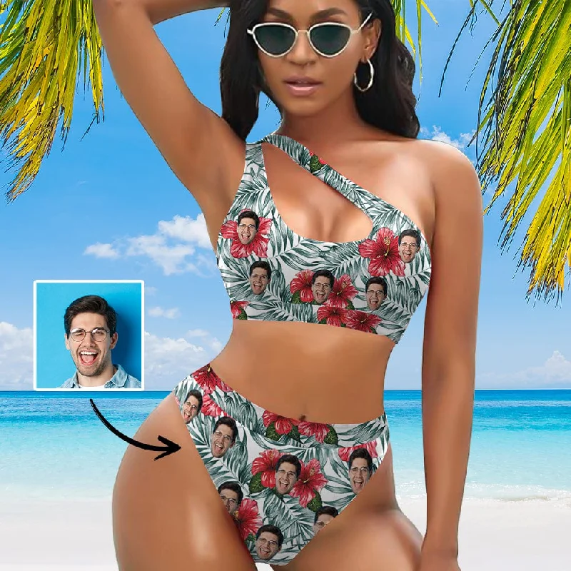 Multifunctional Style Custom Face Red Flowers Women's Off-Shoulder Bikini Set One Shoulder Cutout Bikini Set Two Piece Bathing Suit Multifunctional Style Custom Face Red Flowers Women's Off-Shoulder Bikini Set One Shoulder Cutout Bikini Set Two Piece Bathing Suit