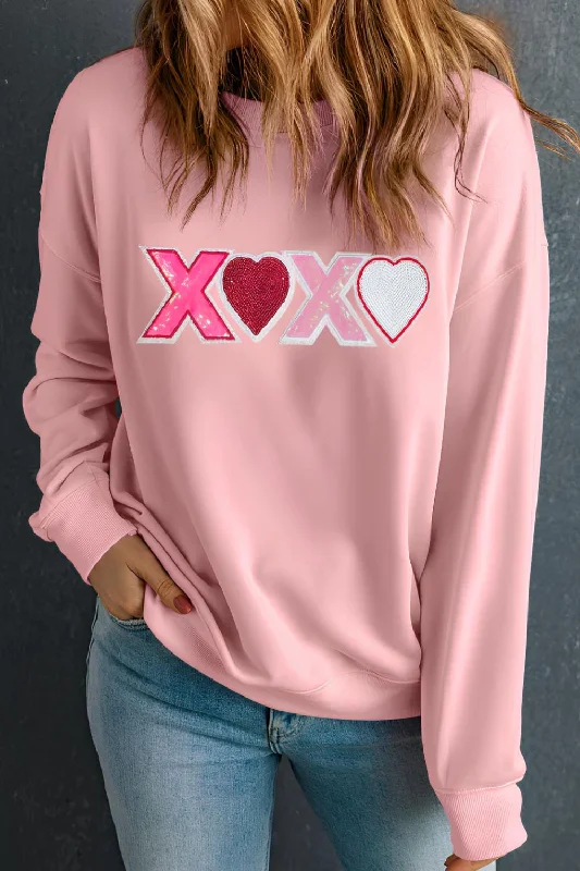 Loose Fit Valentine’s Day XOXO Round Neck Long Sleeve Sweatshirt