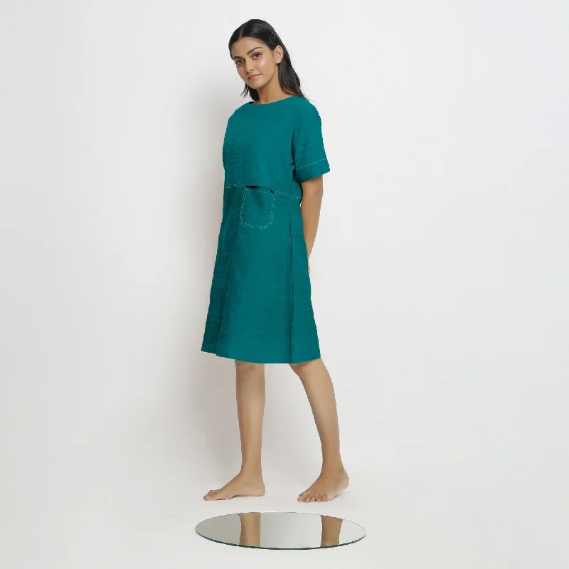 New Autumn And Winter Styles Pine Green 100% Linen Knee Length Yoked Dress