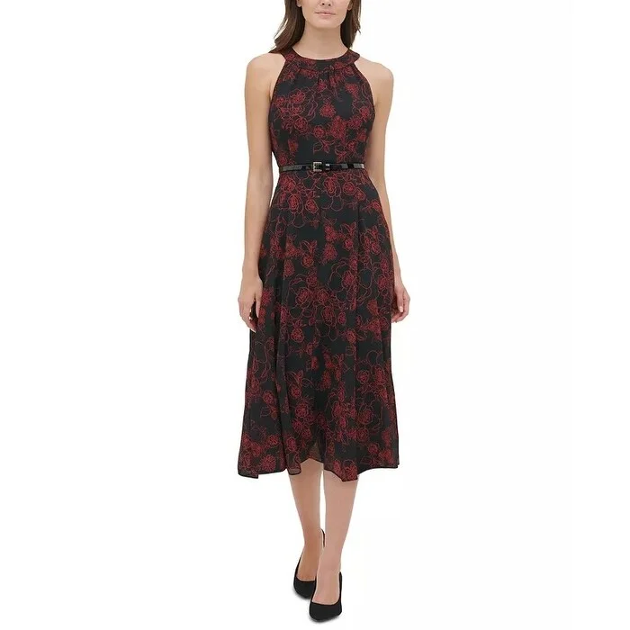 Wandering freely Tommy Hilfiger Women's Belted Floral Print Chiffon Midi Dress Black Size 12 Wandering freely Tommy Hilfiger Women's Belted Floral Print Chiffon Midi Dress Black Size 12